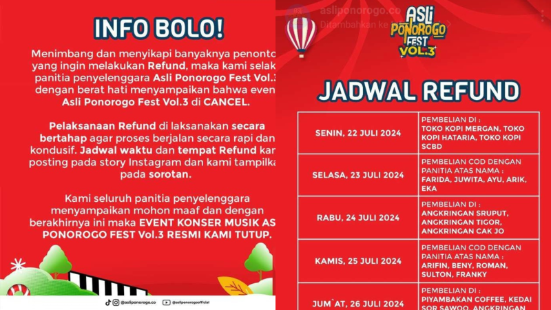 Infomasi pembatalan konser asli Ponorogo Fest Vol 3 
(Dok. Ist)